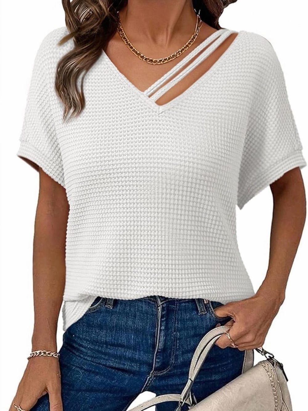 Women's White V-Neck Short Sleeve Top with Double-Strap Detail